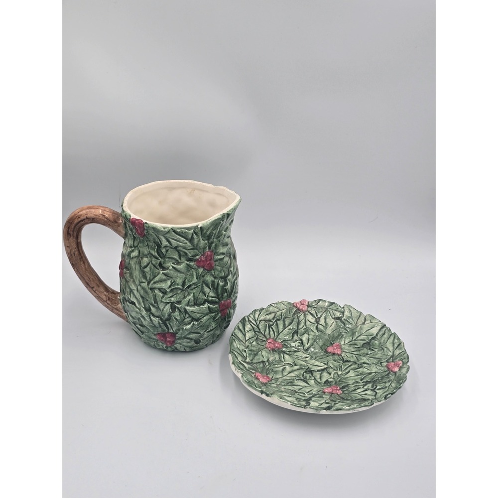 Vintage Holly Leaf and Berry Ceramic Cream Jug and Saucer Set Christmas Decor